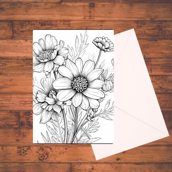8 Wildflowers A7 Coloring Cards Set: Adult DIY Coloring Kit with Envelopes - Picture 3 of 9